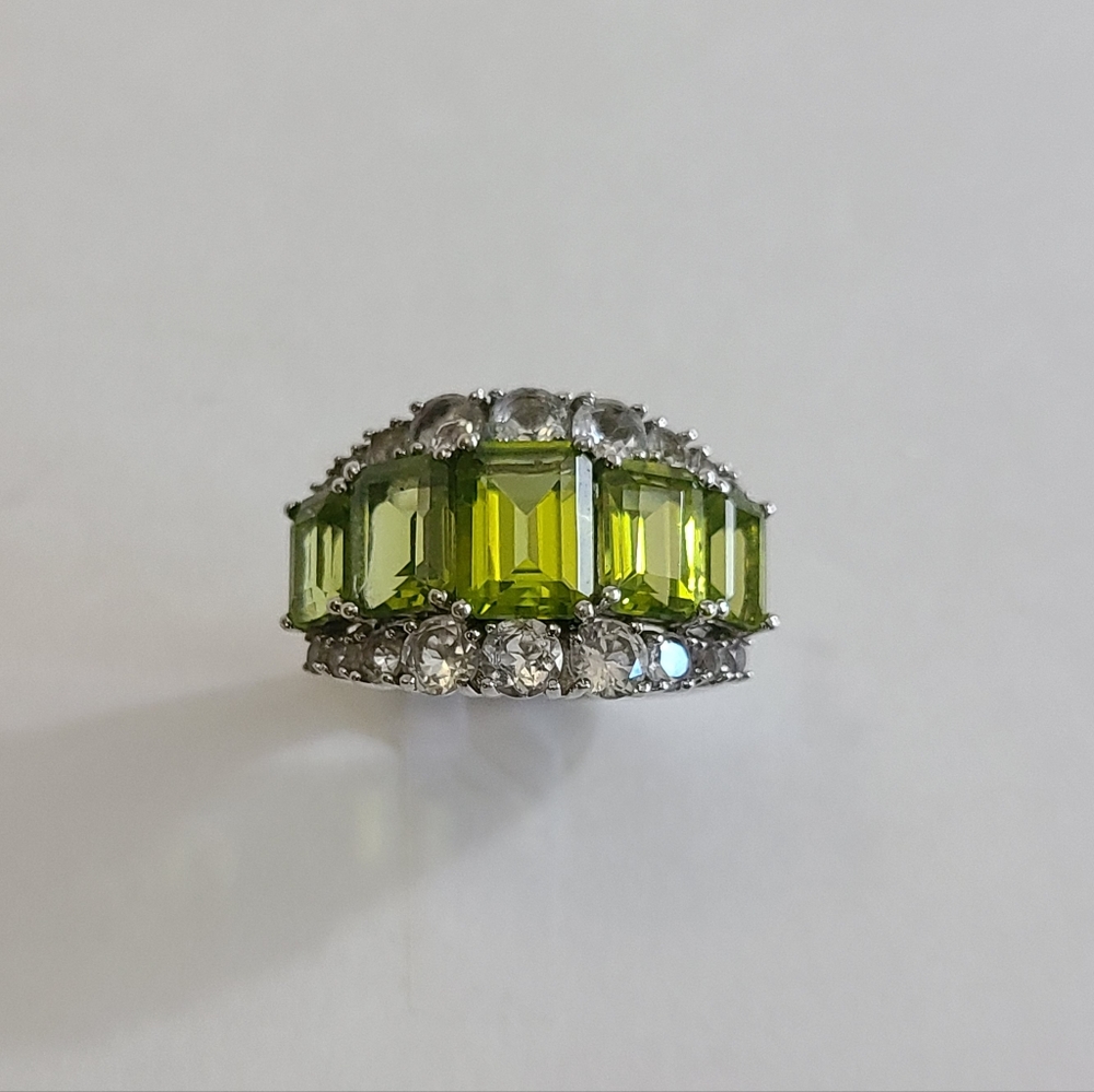 925 Sterling Silver Peridot & CZ Ring, sz 7